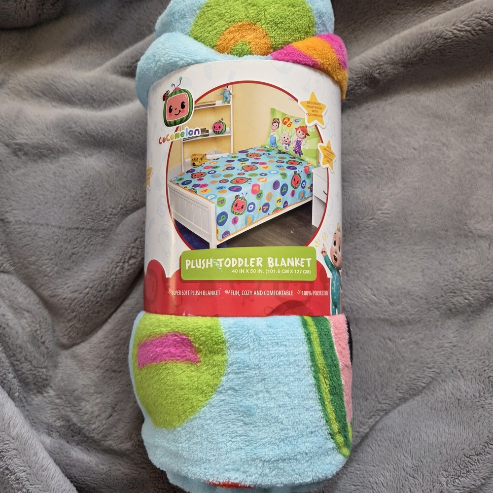 Plush Toddler Blanket - Light Blue with Multicolor Accents